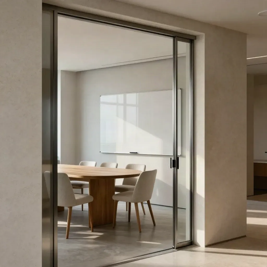 Glass meeting room with oak table, whiteboard, four chairs, and an off wall display