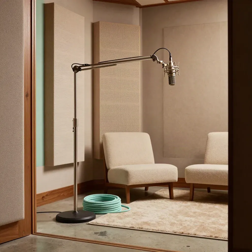 Empty podcast studio corner with boom arm, acoustic panels and two lounge chairs in warm window light.