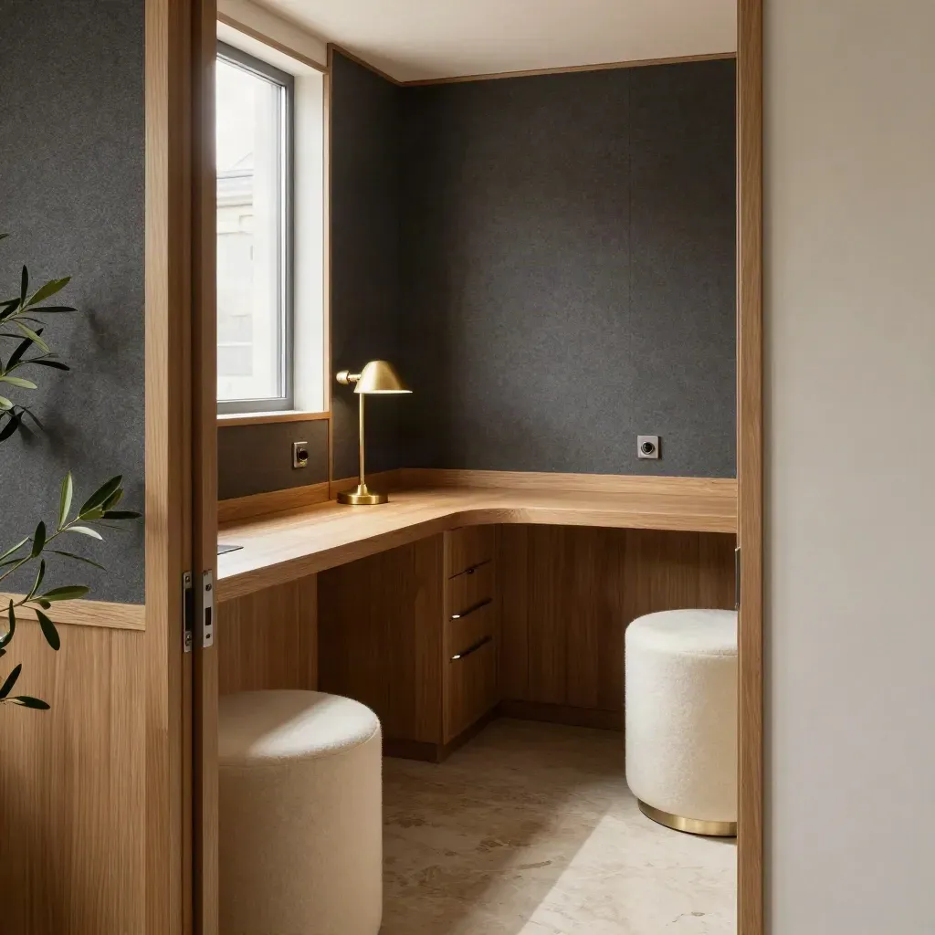 Quiet private office interior with oak worktops, acoustic panels and daylight at the doorway.