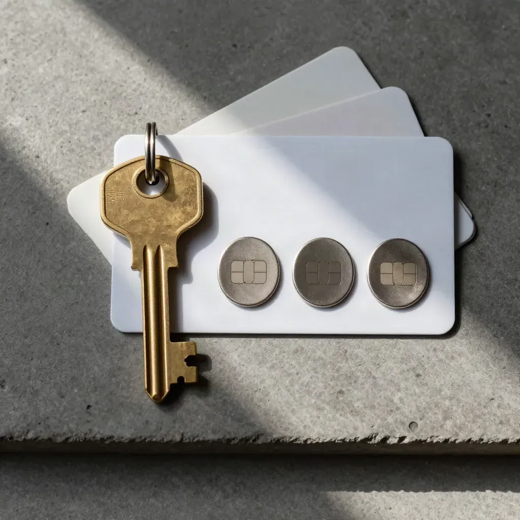 Brass key, three matte metal tokens, and a white chip card on charcoal concrete in overhead flatlay