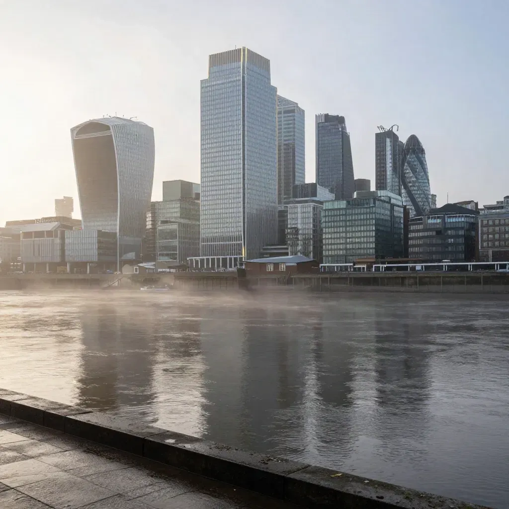 Canary Wharf towers glow through dawn mist above the Thames bend and calm wet river frontage.