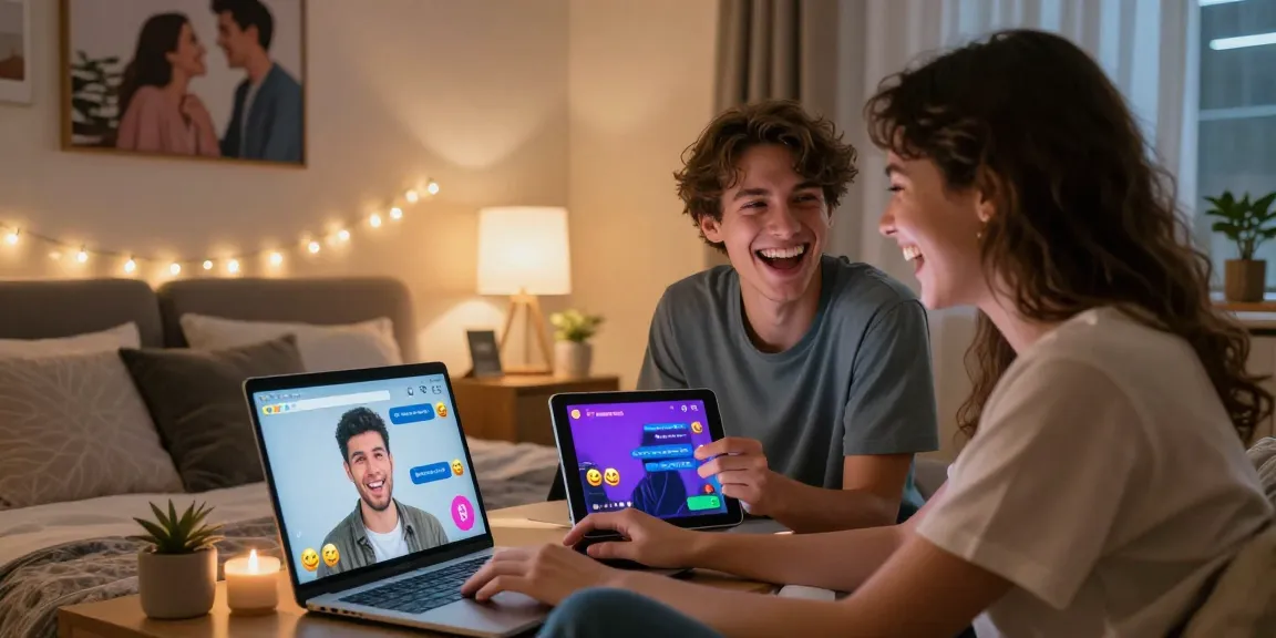 Couple engaging in ai sex chat, showcasing playful digital intimacy in cozy settings.